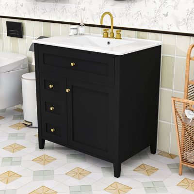 Meuble-lavabo moderne compact avec lavabo en céramique, tiroirs de rangement et tablette réglable