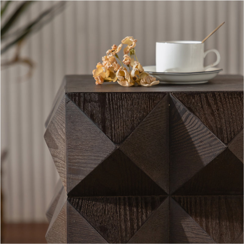 23.62"Height Three-dimensional Embossed Pattern Design Retro Side Table Retro Wooden Nightstand Brown