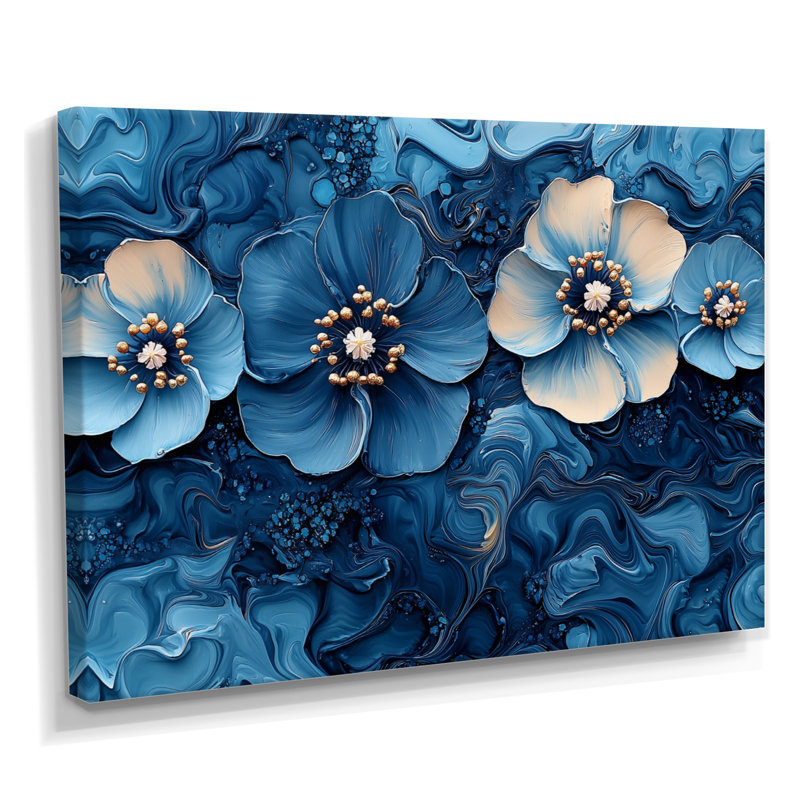«Aqua Blue Poppies Dreamscape At Night III», art mural coquelicots pour le salon, H 12 po x l 20 po, Toile tendue