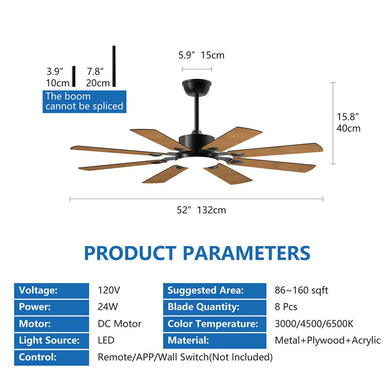 Ventilateur de plafond 52 pouces avec lumières et télécommande, 52" Wide
