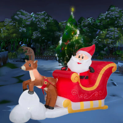 Père Noël gonflable de 1,5 m avec traîneau et renne - Décoration de jardin de Noël avec lumières à DEL, ventilateur intégré, piquets et cordes - Décoration de fête extérieure auto-gonflante
