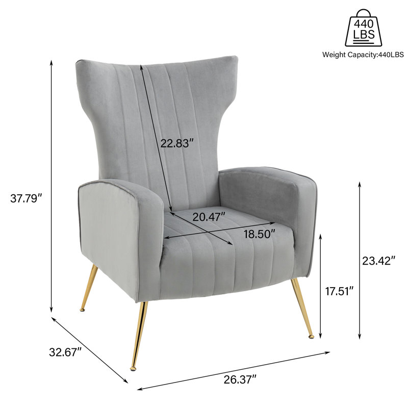 Joshy Upholstered 26.37" Wide Grey Velvet Wingback Armchair with Metal Legs, Grey Velvet