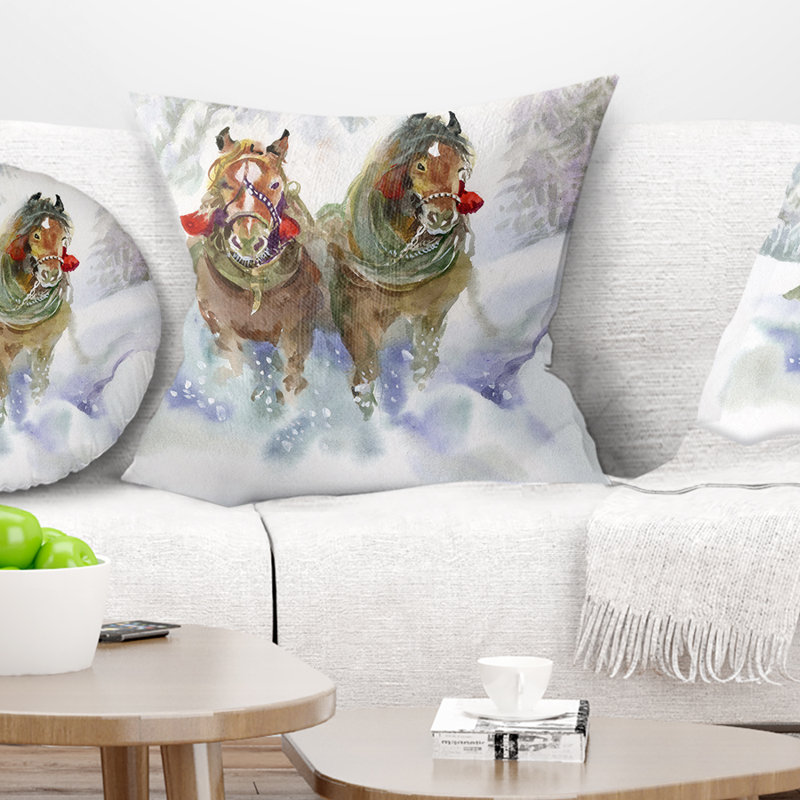 Chevaux qui courent en hiver - oreiller imprimé animal, 18 po x 18 po, Coussin décoratif
