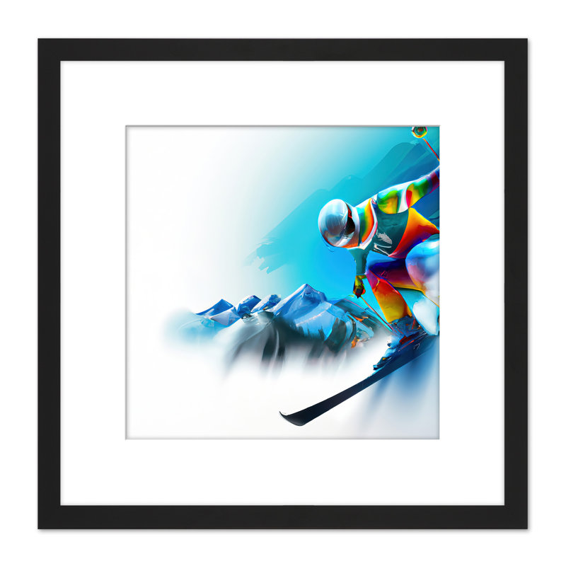 Skier Skiing Motion Snow Mountain Blue - Single Picture Frame Painting