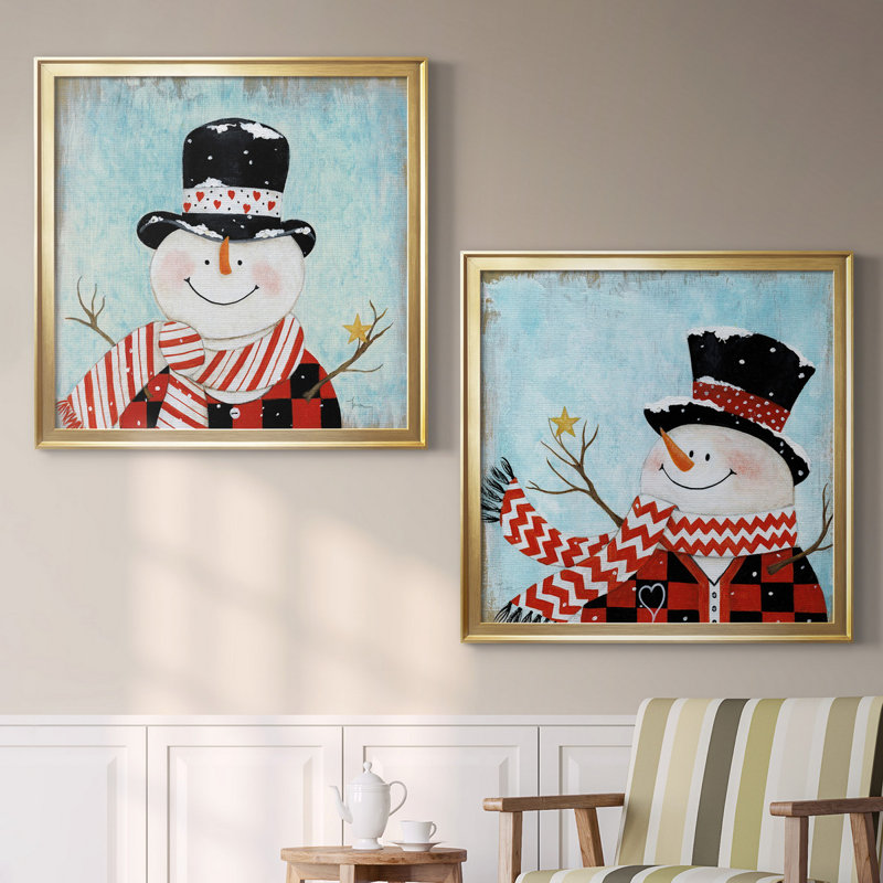 «Dapper Snowman I», ensemble de 2 reproductions d'art, H 17,5 po x l 35 po x P 1,5 po, Toile encadrée d'or, Pas de tapis