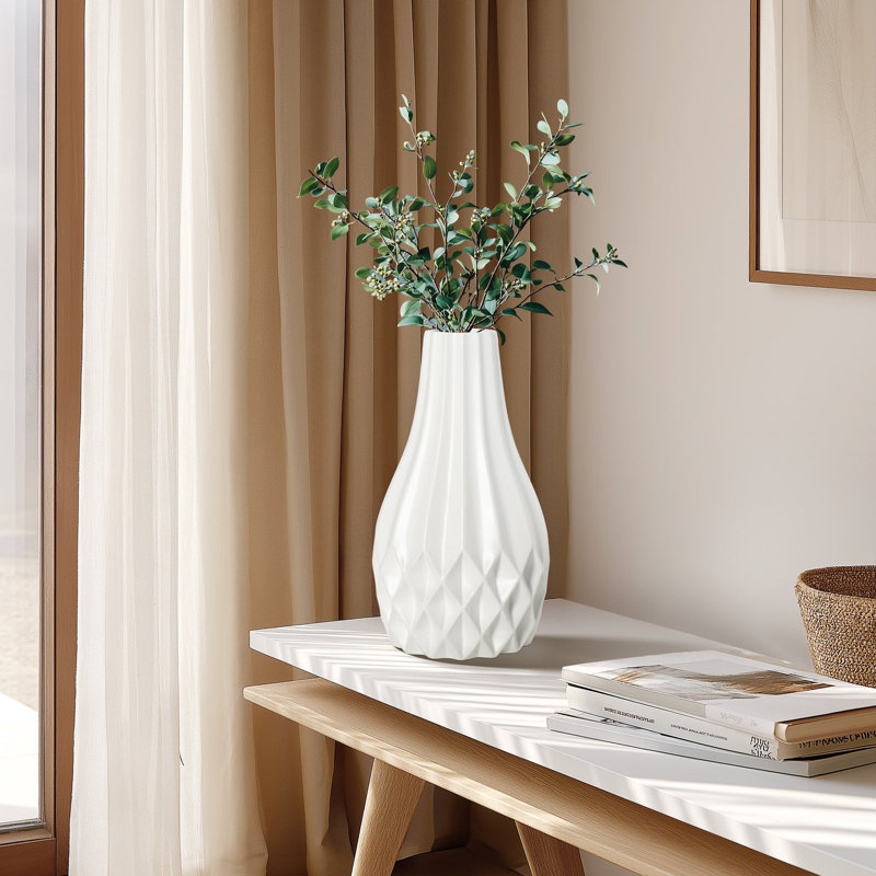 Facetta 11" Matte Texture White Ceramic Vase, 11 inch, White