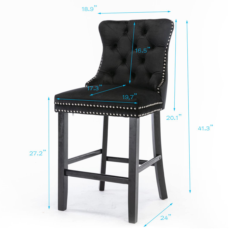Velvet Upholstered Bar Stool with Button Tufted Back, 6, Gray, Black