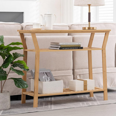Bamboo Console Table Behind Couch, Entryway Table With Shelves, 3 Tier Narrow Sofa Table For Hallway, Living Room, Foyer 38.6"X11.8"