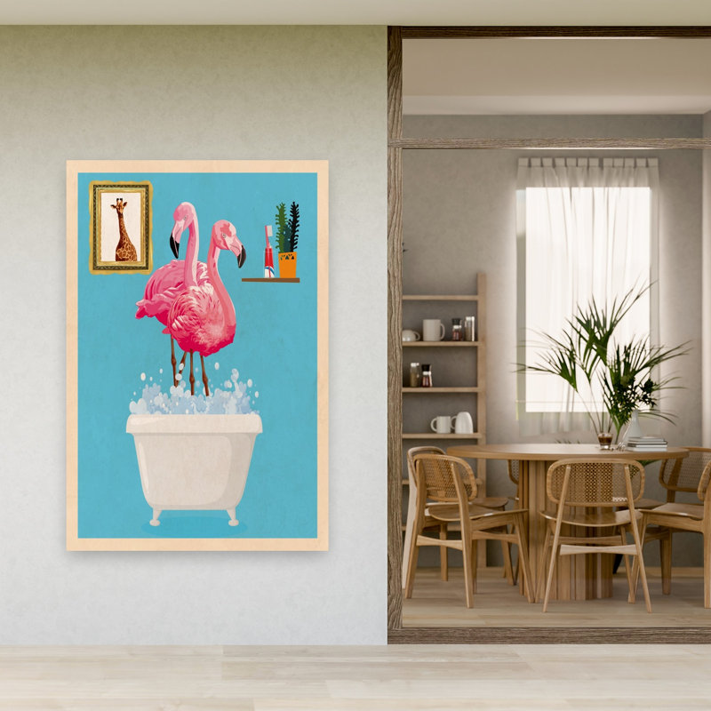 Flamingo Bubble Bath Fun Colorful Playful Surreal Bird Flamingo Giraffe Plant Tropical Wall Art Print by WallChart Art Studio - Print