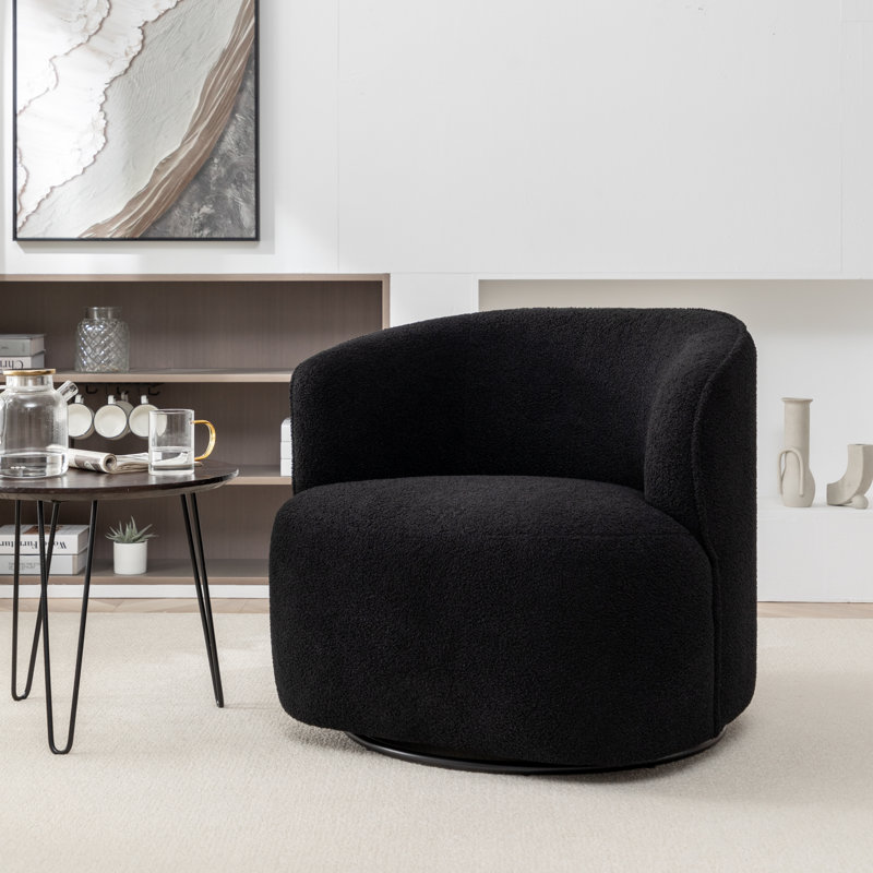 Janeesha Upholstered Swivel Barrel Chair, Black Boucle