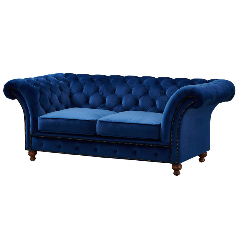 Causeuse Chesterfield à accoudoirs roulés de 78 po Jarique, Velours bleu