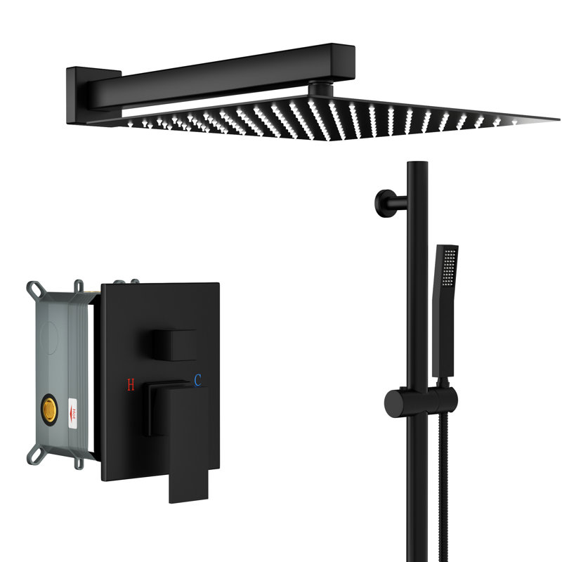Matte Black Shower With 10 Inch Square Head - Wall Mounted, Adjustable Slide Bar, -balanced Valve And Merry Mounted In Stunning