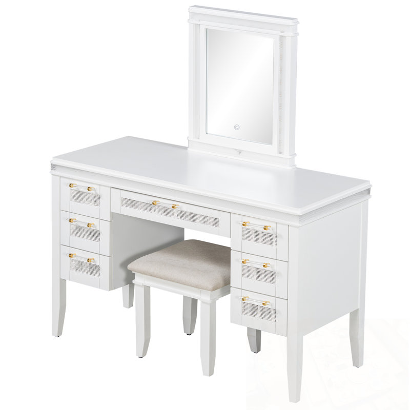 Makeup Vanity Desk with Light Mirror, 7 Drawers and Cushioned Stool, Light Beige
