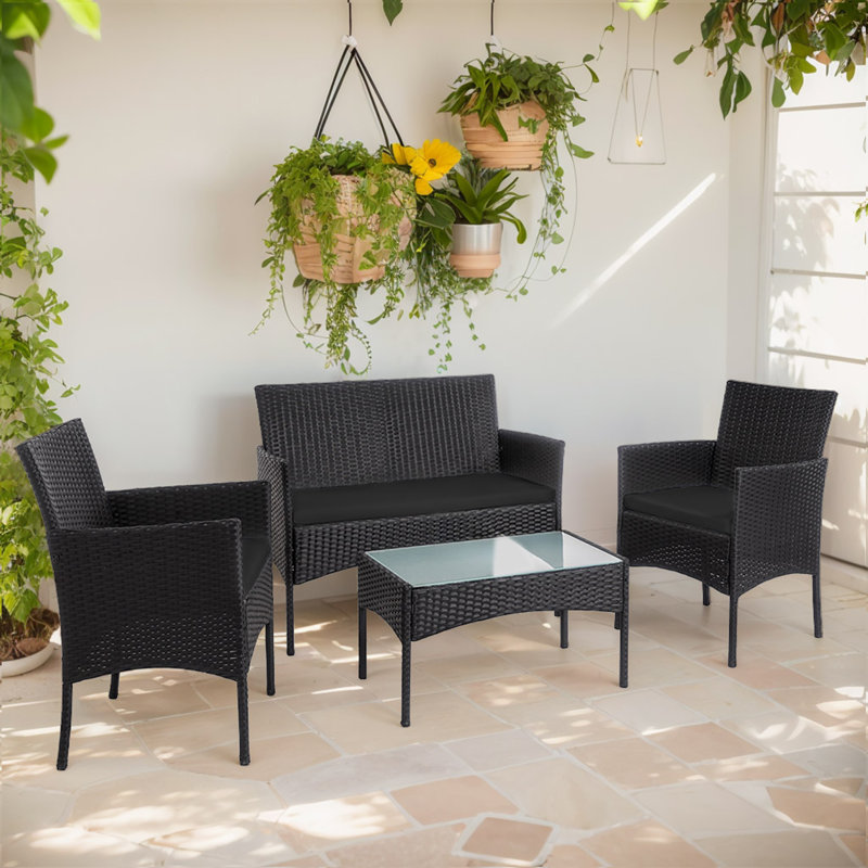 Julus Shena 4 Person Patio Outdoor Seating Group with Cushions, Black, Black