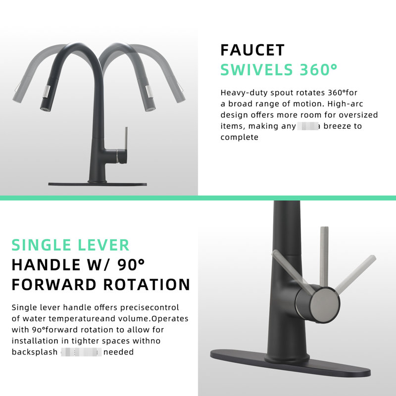 Robinet de cuisine escamotable, noir, poignée simple, plaque de pont, style contemporain, robinet en céramique, robinet en laiton pour fabrication moderne
