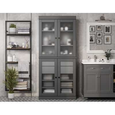  32" W x 71.5" H 100% Solid Wood Freestanding Bathroom Storage Cabinet with Frosted Glass Doors, 2 Drawers & Adjustable Shelves – Modern Bathroom Organizer