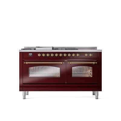 Cuisinière à double combustible de 60 po avec 5 brûleurs scellés, plaque chauffante et porte française ILVE Nostalgie II Series