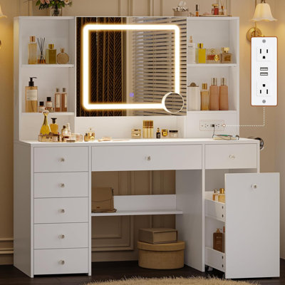 Large Vanity Desk With Pull-out Led Mirror And Power Outlet, Makeup Table With Rolling Makeup Cart, Crystal Handles, Modern White