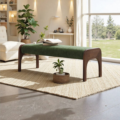 50.25 Inch Green Chenille Upholstered Dining Bench with Rubber Wood Legs – Modern Long Bench for Kitchen, Bedroom, Entryway