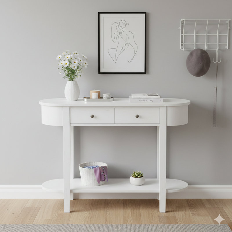 Console sophistiquée rétro avec une silhouette incurvée et une finition émaillée lisse pour les entrées, les salons et les couloirs (blanc antique)