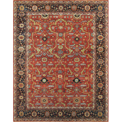 Rectangle Ferehan Oriental Hand-Knotted Wool Area Rug in Rust/Brown/Black