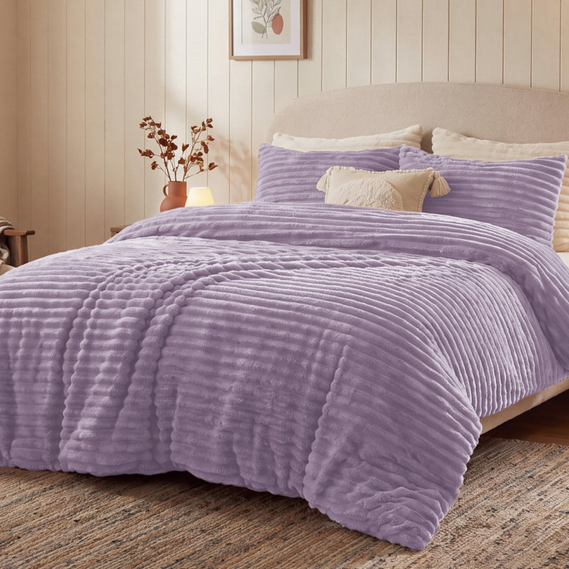 Ensembles d'édredon pour très grand lit - literie 3 pièces en molleton moelleux lavande, esthétique rayée confortable pour les chambres modernes et d'amis, décoration intérieure de luxe toutes saisons