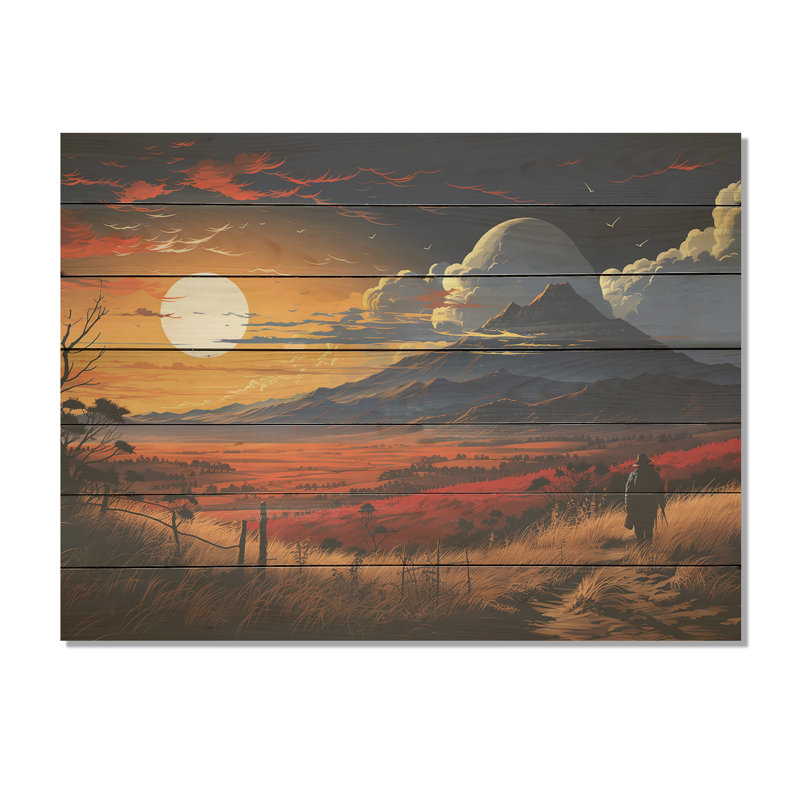 Coucher de soleil au coucher du soleil, chemin de paysage III - paysage sur bois, H 30 po x l 40 po x P 0,78 po