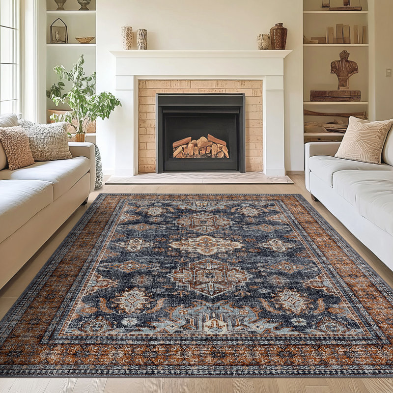 Oriental Machine Washable Rug with Rubber Non-Slip Backing for Living Room, Dining Room, Bedroom, Office & Playroom