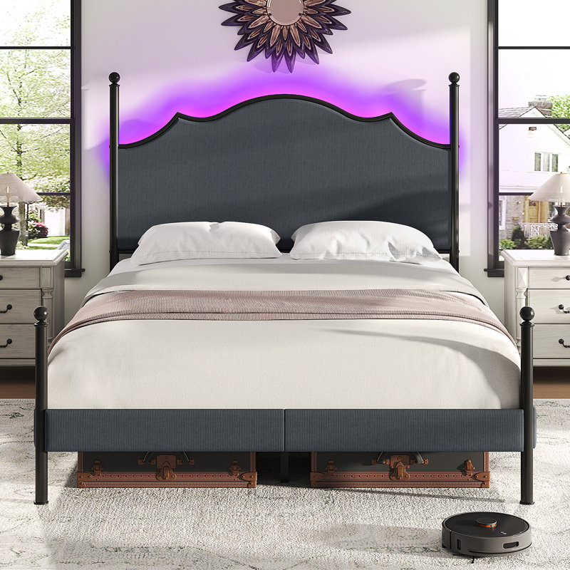 Modern Corduroy Upholstered Platform Bed with Metal Poster,LED Light & Arch Headboard, Queen, Dark Gray
