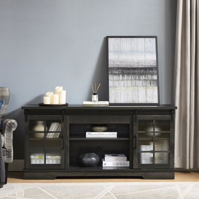 Large Tv Stand With Sliding Tempered Glass Doors, 65'' Compatible, Charcoal Grey, 27.8"h Grey 2 Doors And Sufficient Room For 65"
