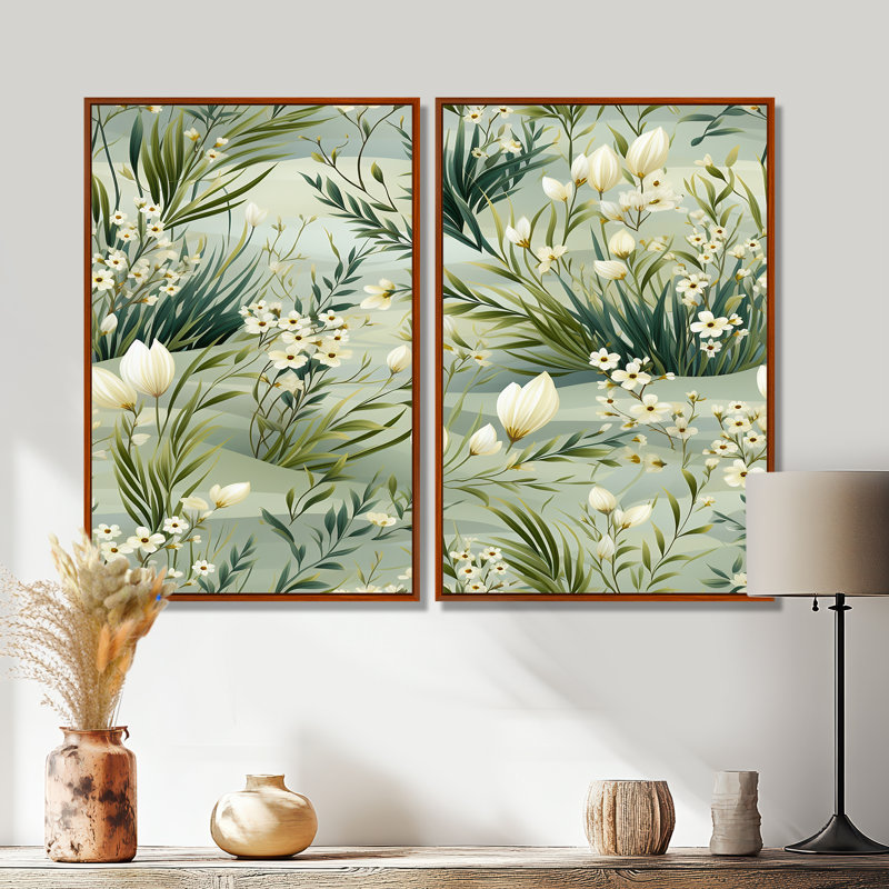 Green Grassland Meadows - Art mural bohémien vert et éclectique 2 pièces, 36" H x 48" W, Impression encadrée flottante, Brown