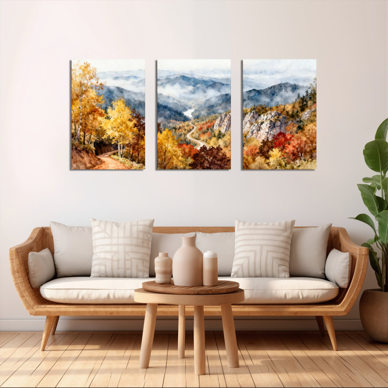 Tableau sur toile représentant un paysage d'automne en forêt et en montagne (lot de 3), H 18 po x l 36 po