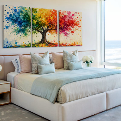 3 Pieces Exculisive Colorful Watercolor Tree Wall Art Panorama, Premium Modern Canvas Decor for Living Room, Bedroom, Office and Home, Ready to Hang