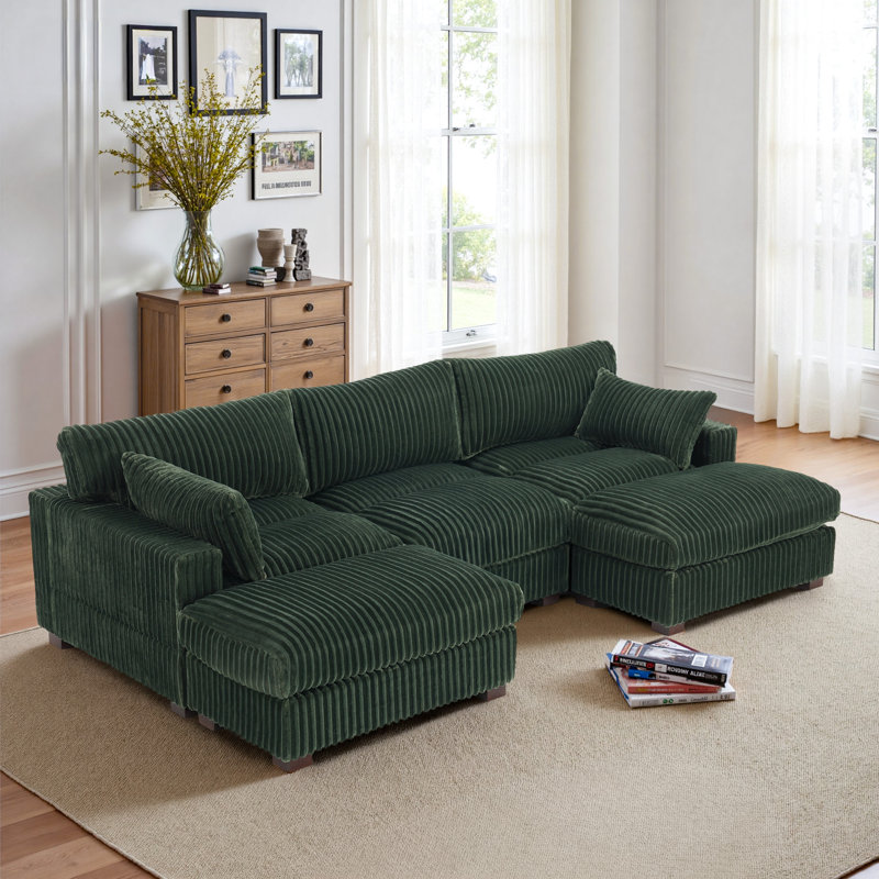 5 - Piece Upholstered Green Faux Rabbit Fur Flannel Reversible Modular Sofa Living Room Sectional Couch with Ottoman