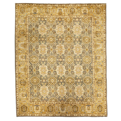 Tapis jaune / gris de haute qualité noué à la main de conception unique