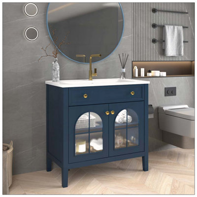 Meuble-lavabo Mid-Century avec capteur de mouvement et verre à motif, bleu