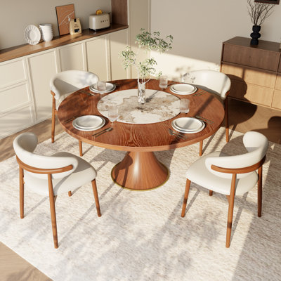 Plateau tournant rond en bois massif avec paresseux en pierre (1 table 4/6 chaises)