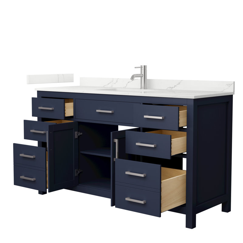 Meuble-lavabo simple autoportant de 60 po avec plateau en quartz Beckett, Bleu très foncé, Nickel brossé, Quartz Giotto