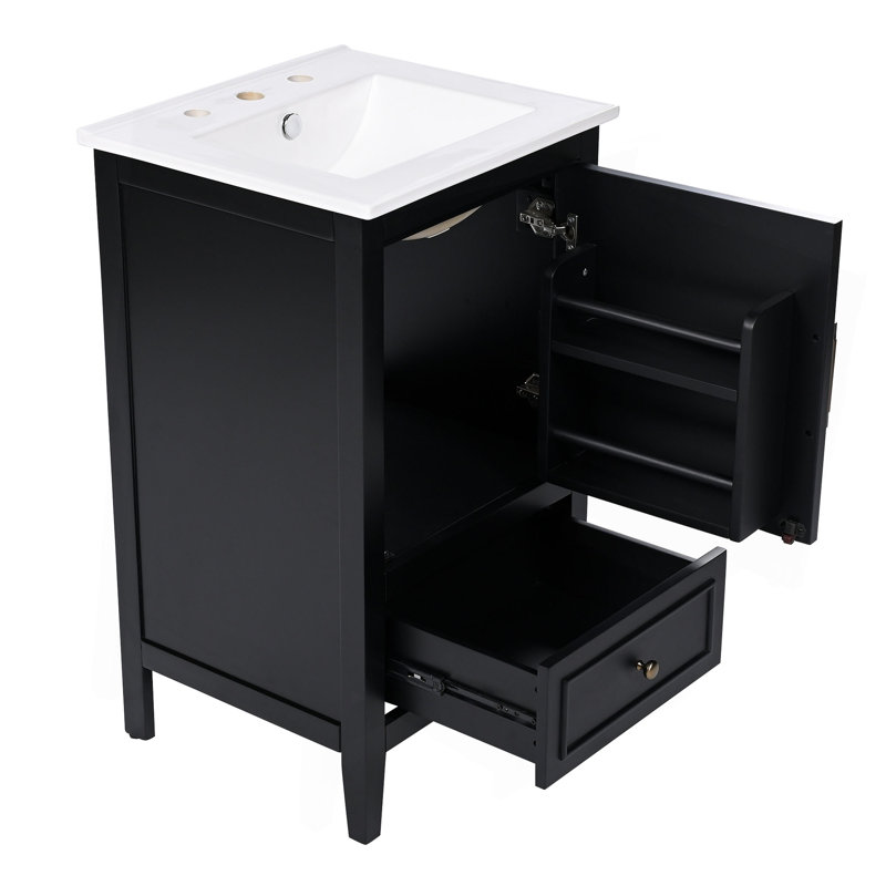 Meuble-lavabo de 20 po avec lavabo, armoire de salle de bain avec porte, tablette de porte et patins réglables, tiroir, noir