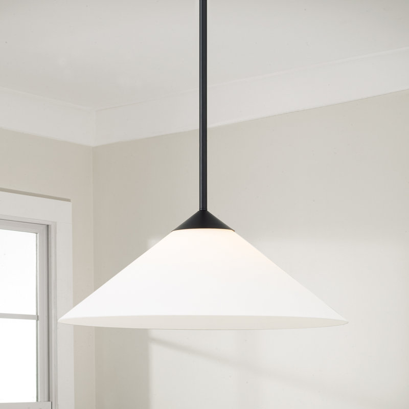 22" W x 9" H 1-Light Cone Pendant in Matte Black with Soft White  Glass and Tapered Canopy, Matte Black