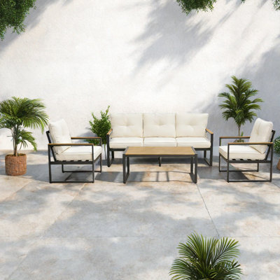 Ensemble de canapés de patio moderne 5 places en acier robuste avec table aspect bois pour le jardin