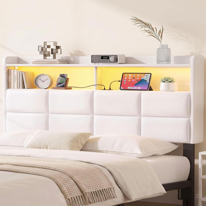 Tête de lit King Size seulement avec rangement à 2 niveaux et station de recharge, blanche, Velours blanc très grand