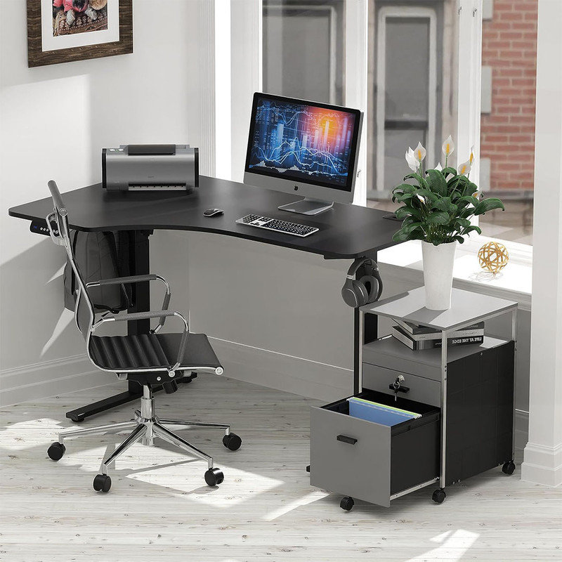 Rolling Mobile File Cabinet with 2 Drawers & Open Shelf, Mobility, 1 File Cabinet Drawer & 1 Lockable Drawer, Gray