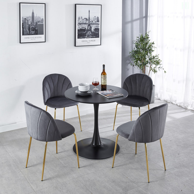 31.5" Table Mid-Century Dining Table For 2-4 People With Round Mdf Table Top, 28.74" H x 31.49" W x 31.49" L, Black