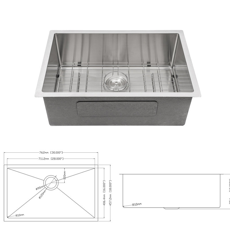 10 Inch Deep Undermount Stainless Steel Sink - 304 Steel, 30"X18", 16 Gauge, With X-Shaped Water Guide And Included Installation Instruction 30 Deep, R10 Rounded Corner Drain Assembly Template