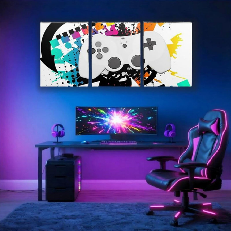Gaming Console 3 Piece Canvas Wall Art Watercolor Gamer Paintings Wall Decor 16" L x 12" W Each,Game Controller Office Wall Artwork Posters