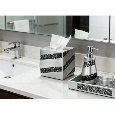 Silver Mosaic Decorative Tissue Box Cover With Sliding Base - Square Bathroom Tissue Holder For Vanity, Durable Resin Construction