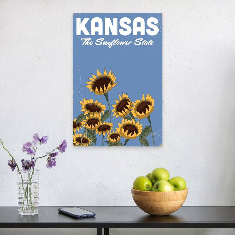 Kansas Sunflower State Classic Retro Rustic Sunflower Nature Summer Wall Art Print 1 Piece Wrapped Canvas Wall Art