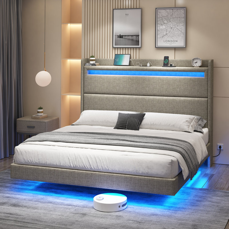 Cadre de lit flottant avec lumières DEL, lit plateforme tapissier, Double, Kaki