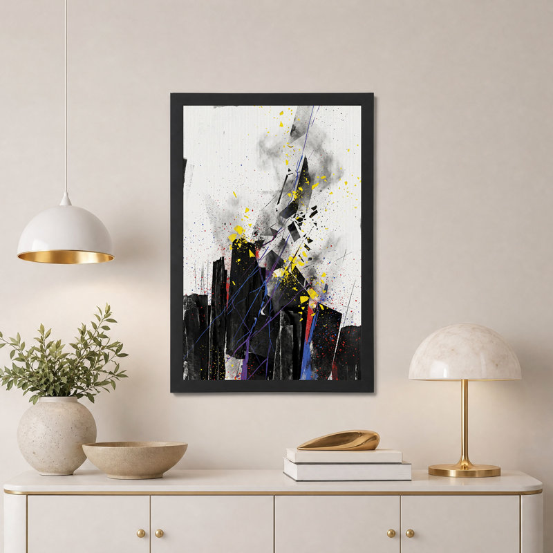 Tableau abstrait noir et jaune représentant un paysage urbain avec des éclaboussures colorées, H 30 po x l 20 po
